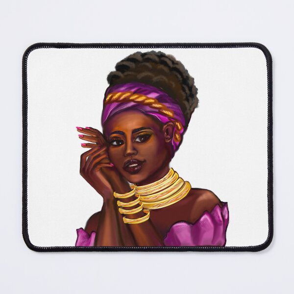 Item preview, Afro Queen Black is beautiful anime manga black girl with Gold bangles, neck ring necklace, purple dress and head wrap, brown eyes and dark brown skin ! designed and sold by Artonmytee.