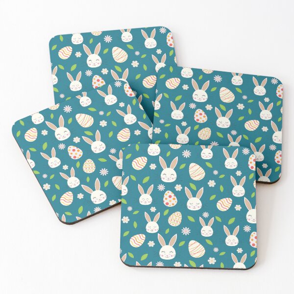 Item preview, Cute Easter bunny pattern  with eggs and flowers on teal background  designed and sold by Yasminepatterns .