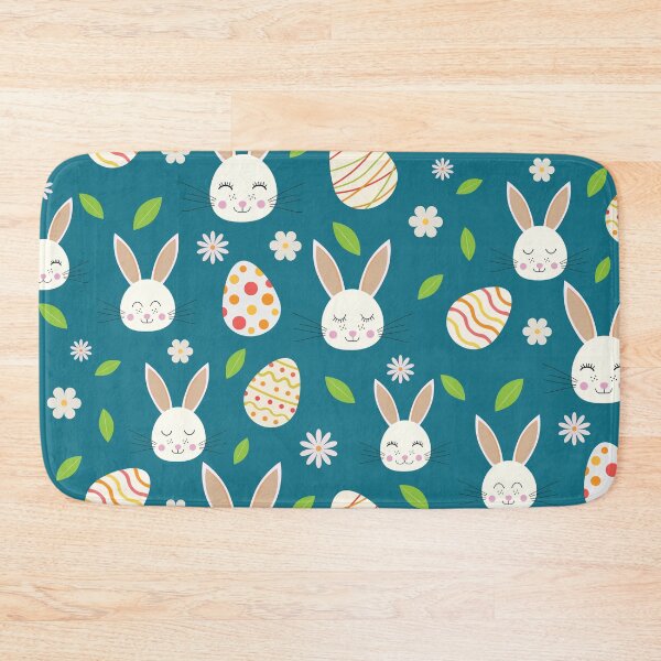 Item preview, Cute Easter bunny pattern  with eggs and flowers on teal background  designed and sold by Yasminepatterns .