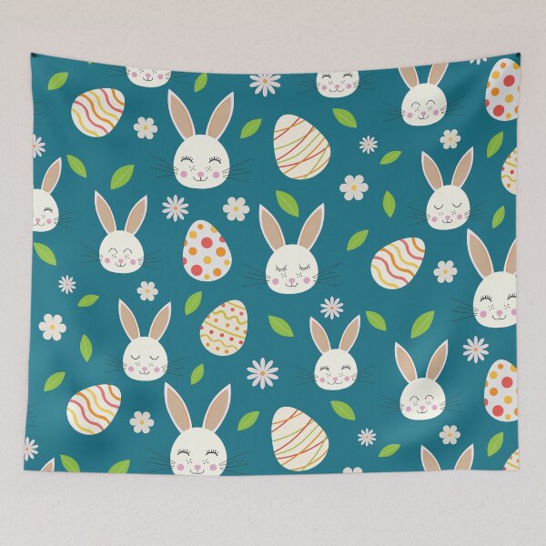 Item preview, Cute Easter bunny pattern  with eggs and flowers on teal background  designed and sold by Yasminepatterns .