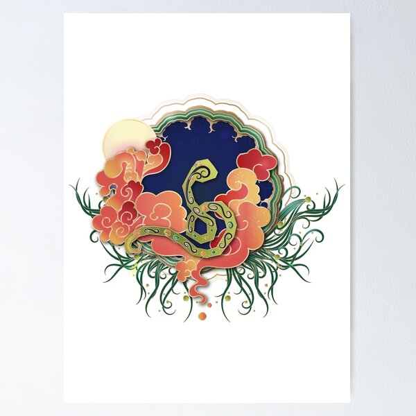 Item preview, Chinese Zodiac Green Snake in the cloud and under the moon, illustrated in Chinese Style designed and sold by xdashu.