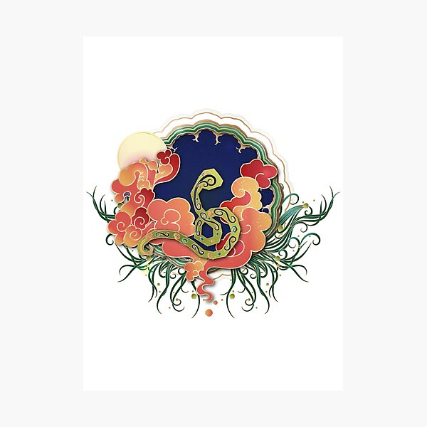 Artikelvorschau, Chinesisches Sternzeichen Grüne Schlange in der Wolke und unter dem Mond, illustriert im chinesischen Stil entworfen und verkauft von xdashu.