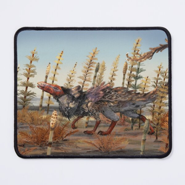 Item preview, Feathered dinosaur prowling in giant horsetail bushes designed and sold by Simon De Meulenaer.