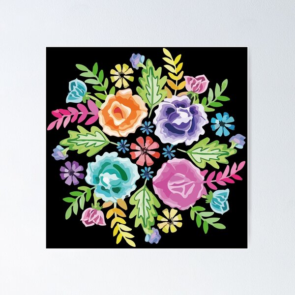 Oaxaca colorful flowers mexican style blue embroidery Poster by T-Mex