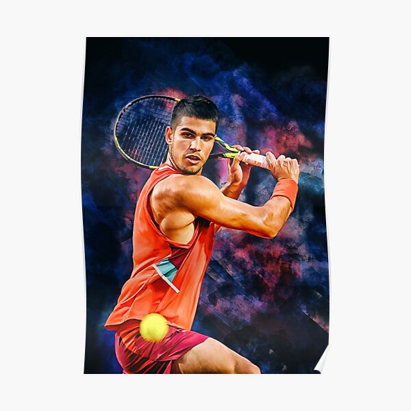 Carlos Alcaraz of Spain plays slice at Rio de Janeiro 2022. Digital artwork print wall poster. Tennis fan art gift. Poster