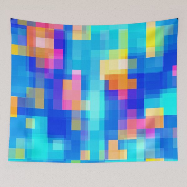 Item preview, geometric pixel square pattern abstract background in blue pink yellow designed and sold by Mrvell.