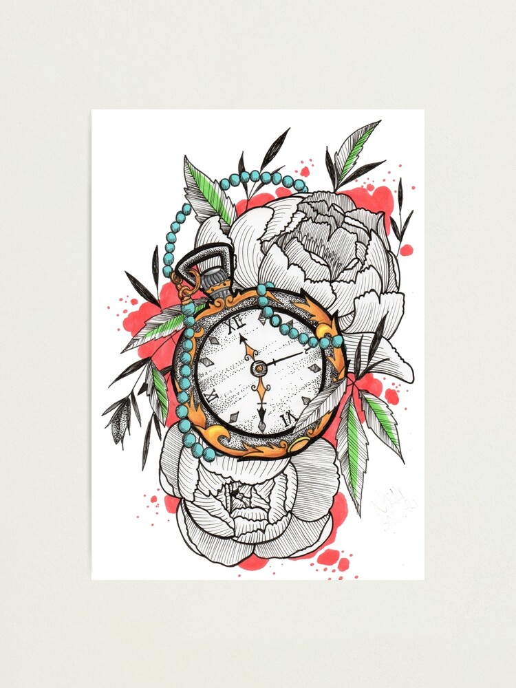 Composition with flower and pocket watch on chain. Vector illustration for  tattoo. Time symbol Stock Vector | Adobe Stock