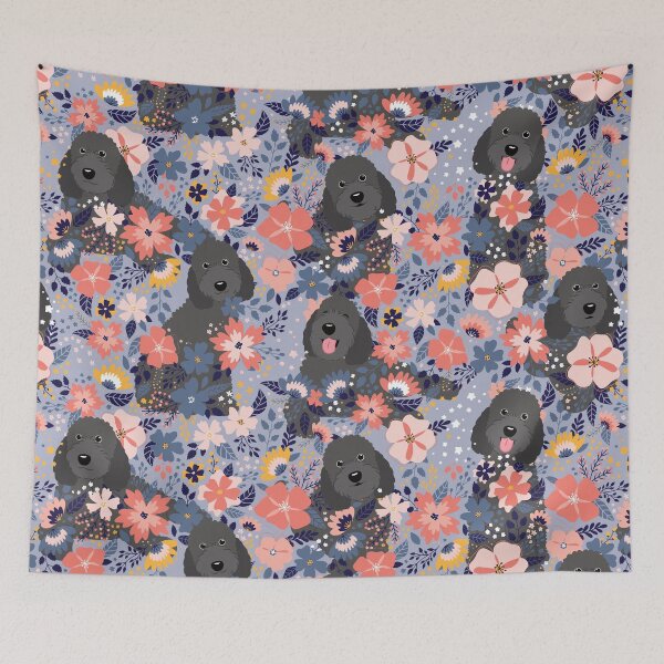 Item preview, Black Goldendoodle Garden - Blue Background designed and sold by Lulupainting.
