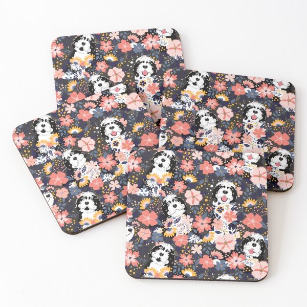 Item preview, Black and White Sheepadoodle Garden - Dark Gray Background designed and sold by Lulupainting.