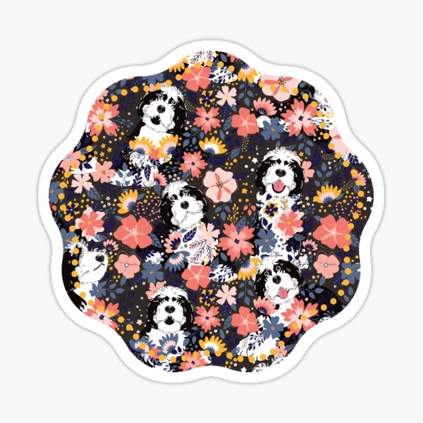 Black and White Sheepadoodle Garden - Dark Gray Background Sticker
