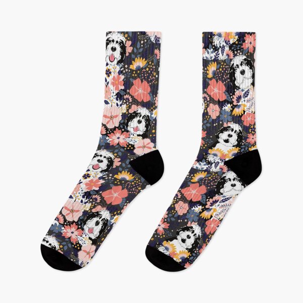 Item preview, Black and White Sheepadoodle Garden - Dark Gray Background designed and sold by Lulupainting.