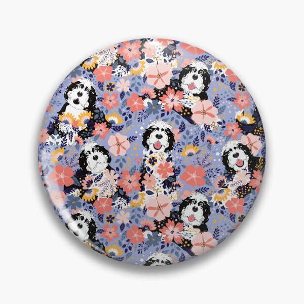 Item preview, Black and White Sheepadoodle Garden - Blue Background designed and sold by Lulupainting.