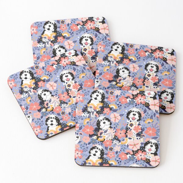 Item preview, Black and White Sheepadoodle Garden - Blue Background designed and sold by Lulupainting.