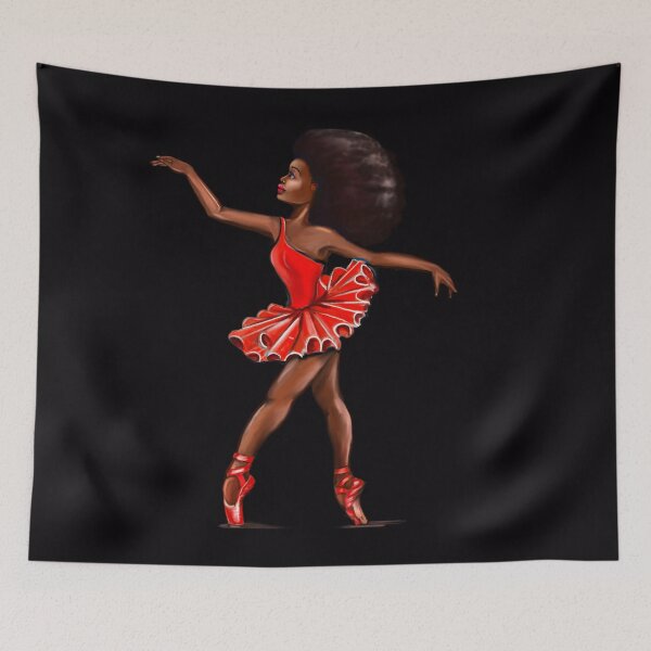 Item preview, Ballet in red pointe shoes - ballerina with Afro hair doing pirouette in red tutu and red shoes  - brown skin ballerina designed and sold by Artonmytee.
