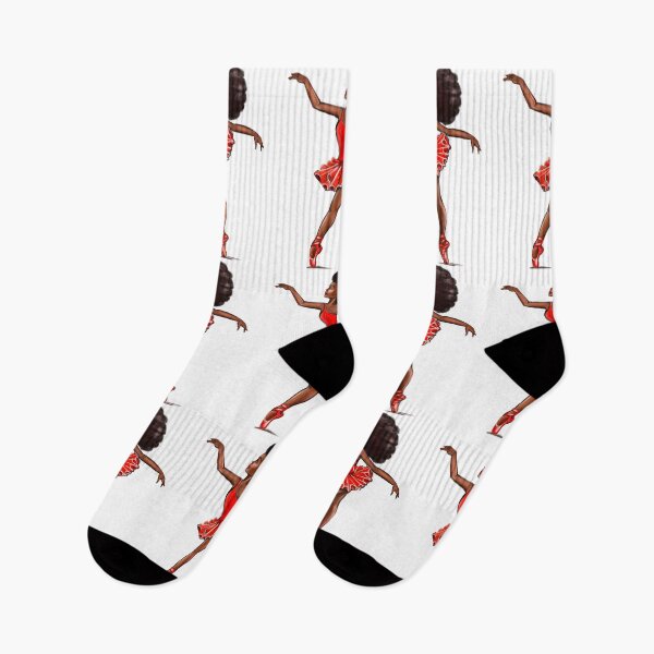 Item preview, Ballet in red pointe shoes - ballerina with Afro hair doing pirouette in red tutu and red shoes  - brown skin ballerina designed and sold by Artonmytee.