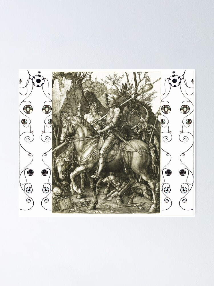 "KNIGHT ,DEATH AND THE DEVIL by DURER in Black White Geometric Swirls