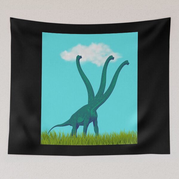 Item preview, Three-necked green dinosaur (blue sky & grass edition, black background) designed and sold by CosmicStory.