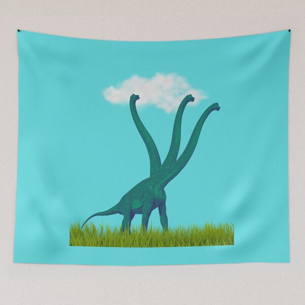 Item preview, Three-necked green dinosaur (blue sky & grass edition, blue background) designed and sold by CosmicStory.