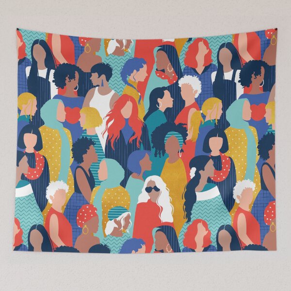 Item preview, Every day we glow International Women's Day // midnight navy blue background teal, mint, electric blue neon orange red and gold humans  designed and sold by SelmaCardoso.