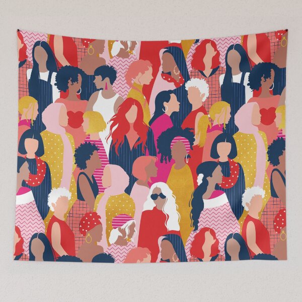 Item preview, Every day we glow International Women's Day// midnight navy blue background pastel and fuchsia pink coral vivid red and gold humans  designed and sold by SelmaCardoso.