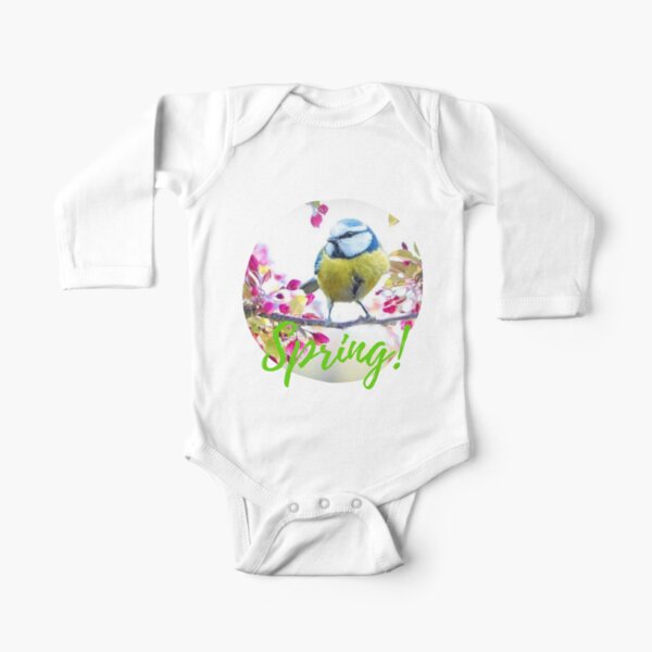 Spring, song bird, apple blossom, happy Long Sleeve Baby One-Piece