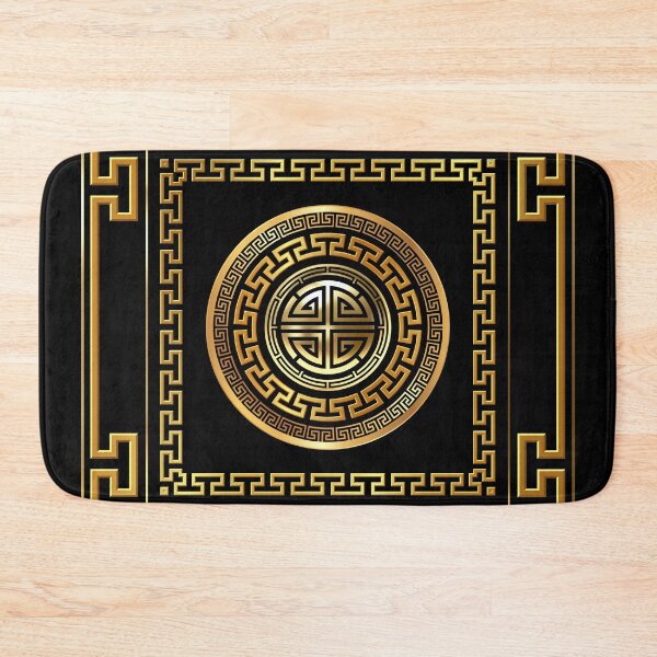 Greek Key Meander Black Gold Large Bath Mat