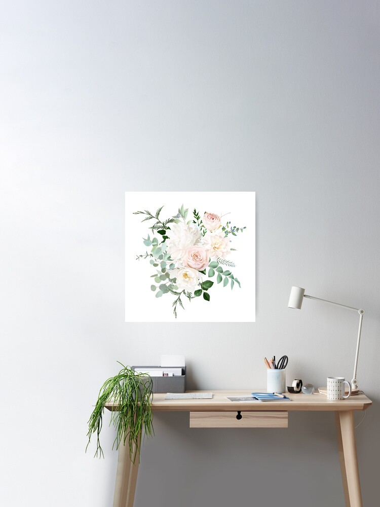 Pale pink and dusty rose, ivory white peony, beige dahlia, nude pink  ranunculus | Poster