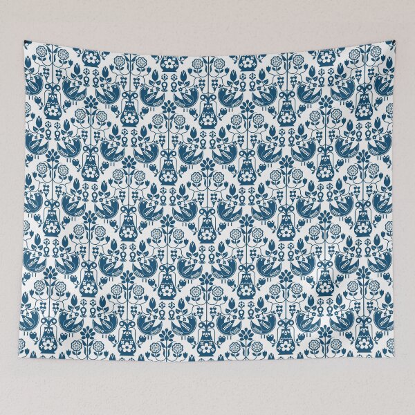 Item preview, Swedish Scandi Mod Retro Floral With Birds - Blue designed and sold by Carrie Cantwell Art.