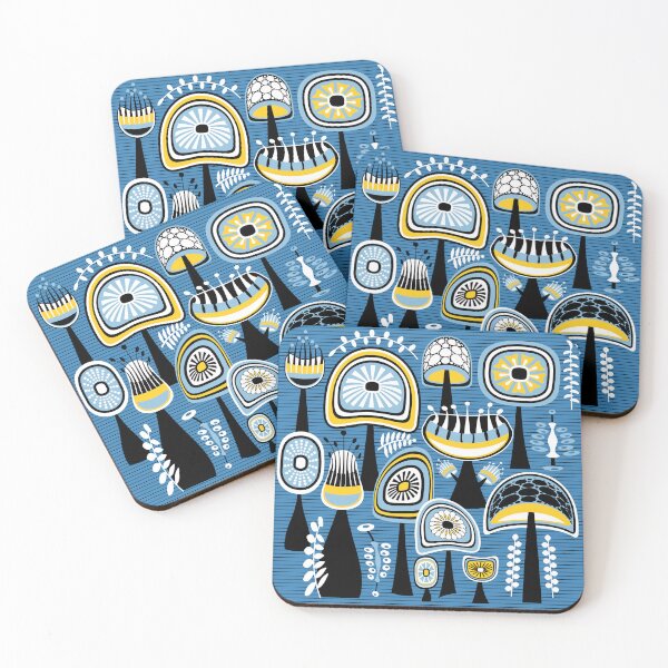 Item preview, Mid Century Modern Mushrooms // Blue, Yellow, Black, White // V2 designed and sold by Elsy's Art.