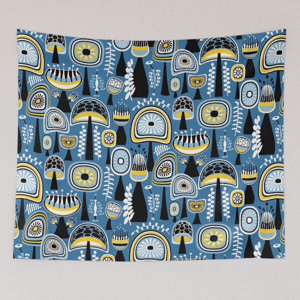 Item preview, Mid Century Modern Mushrooms // Blue, Yellow, Black, White // V2 designed and sold by Elsy's Art.