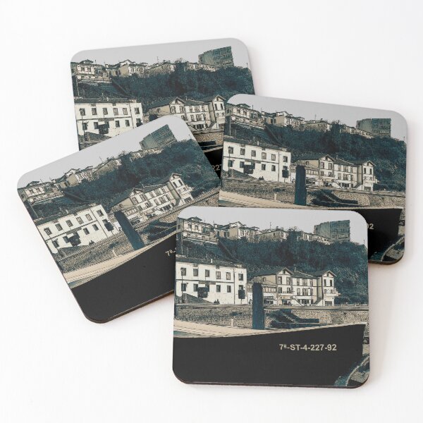Item preview, Drawn fishing village landscape. Boats in the old port of Algorta, Getxo, Vizcaya, Euskadi, Spain.  designed and sold by Rebeldía Pura.