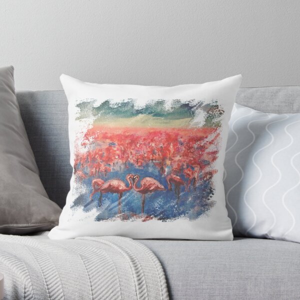 flamingo heart kiss pillow to cuddle or cry into, original art to buy by David Iddon Art Throw Pillow