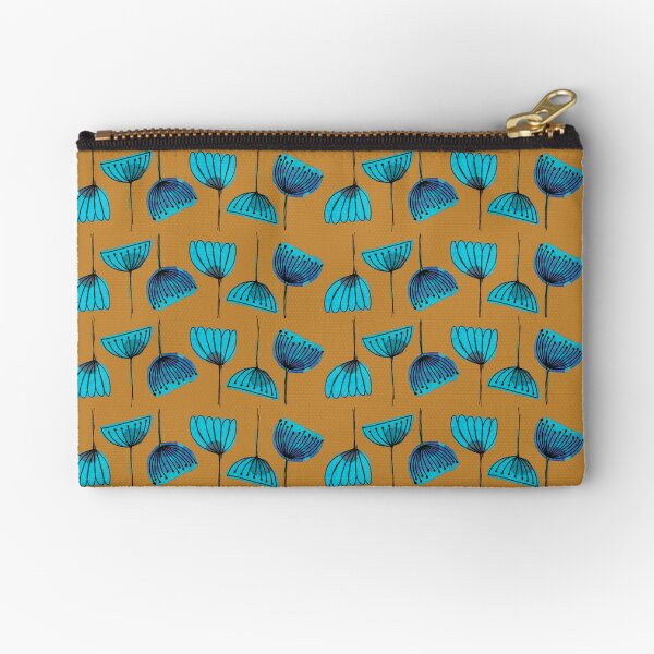Blue on Mustard Flower Lines Zipper Pouch