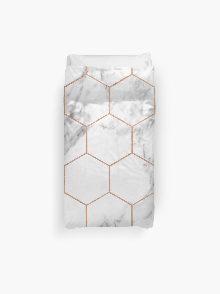 White Marble With Rose Gold Geometric Beehive Duvet Cover By