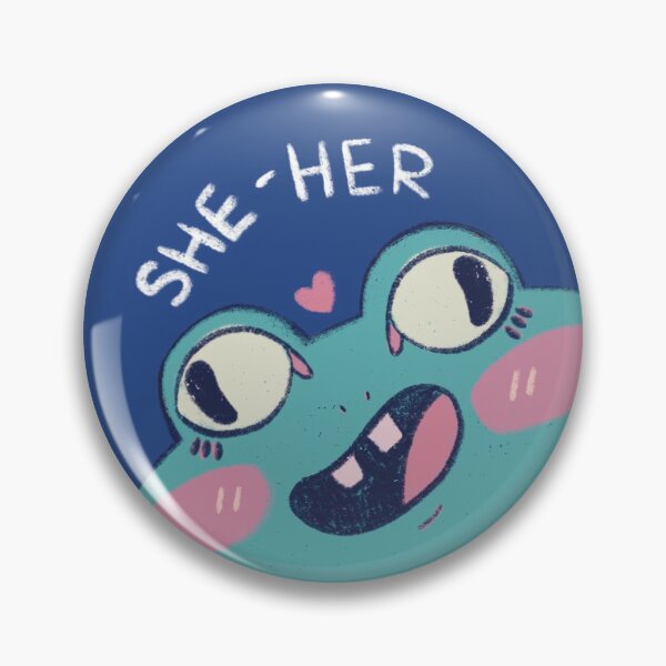 Item preview, She Her quirky pronoun frog pin designed and sold by Eden Sprout.
