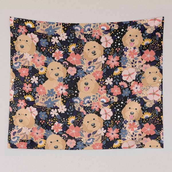 Item preview, Apricot Cockapoo Cavapoo Cavoodle Garden - Black Background designed and sold by Lulupainting.