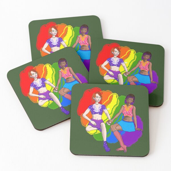 Item preview, Sapphic couple  with a rainbow splodge background    designed and sold by AAndEdesign.