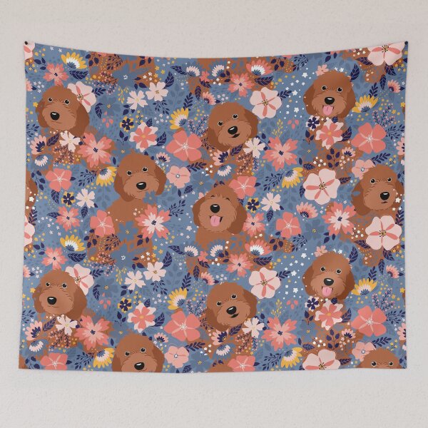 Item preview, Red Ruby Cockapoo Cavapoo Cavoodle Garden - Blue Background designed and sold by Lulupainting.