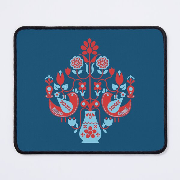 Item preview, Swedish Scandi Mod Retro Floral With Birds - Blue & Red designed and sold by Carrie Cantwell Art.