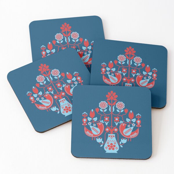 Item preview, Swedish Scandi Mod Retro Floral With Birds - Blue & Red designed and sold by Carrie Cantwell Art.