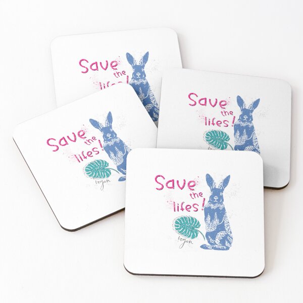 Item preview, Save the Lives  vegan blue rabbit design with monstera leaf in linocut style designed and sold by InnaMGraphic.