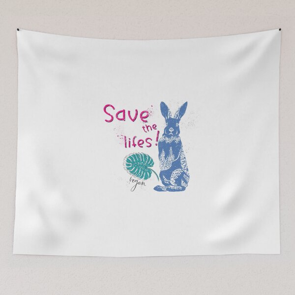 Item preview, Save the Lives  vegan blue rabbit design with monstera leaf in linocut style designed and sold by InnaMGraphic.
