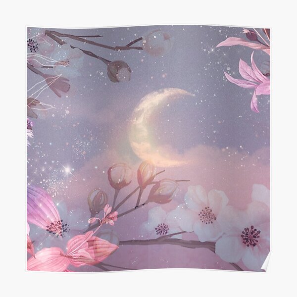 "Soft Pink Cherry Blossoms Pretty, magical moon, cherry blossom art