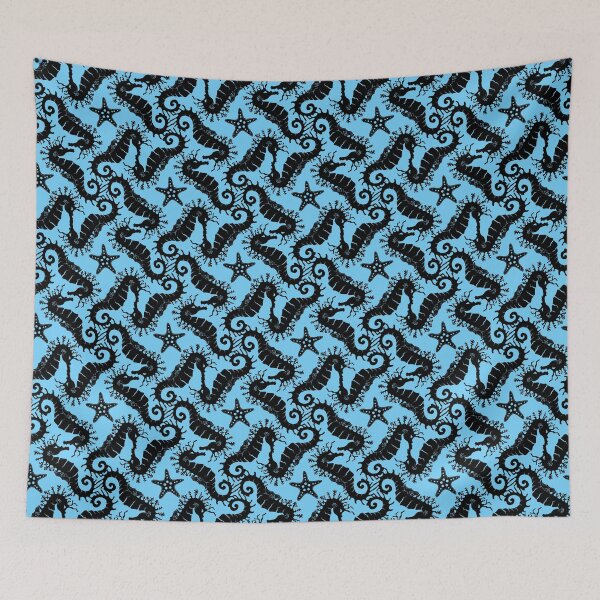 Item preview, Black Seahorses on Blue Background - Repeating Pattern - Seahorse designed and sold by TMBTM.