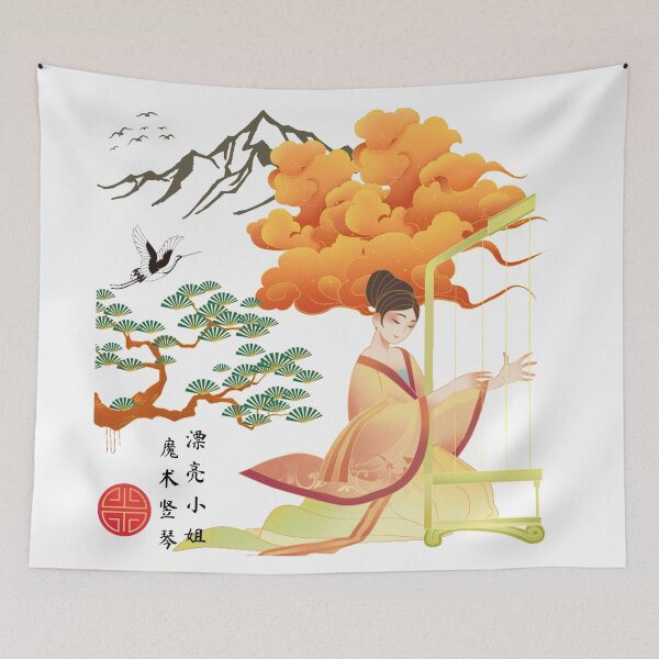 Item preview, Asian Aesthetic Vintage Retro Chinese Beautiful Mountain Woman and Crane designed and sold by GGDesignArt.