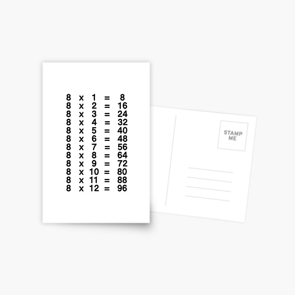 8 X Table Eight Times Table Chart Multiplication Tables for Kids Greeting Card