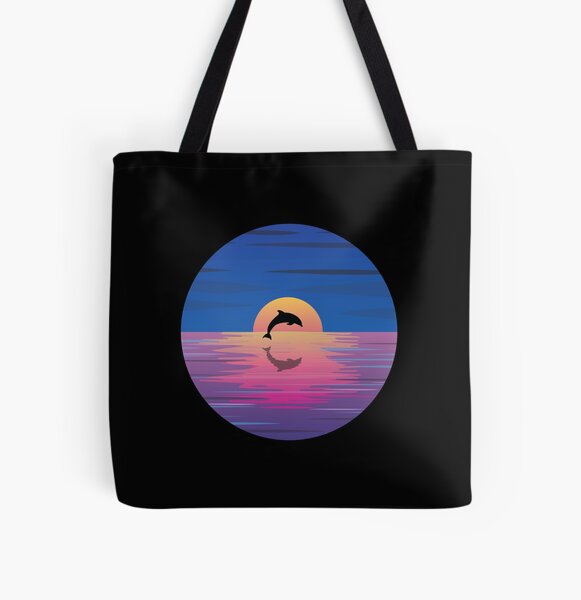 Dolphin silhouette with ocean sunset All Over Print Tote Bag