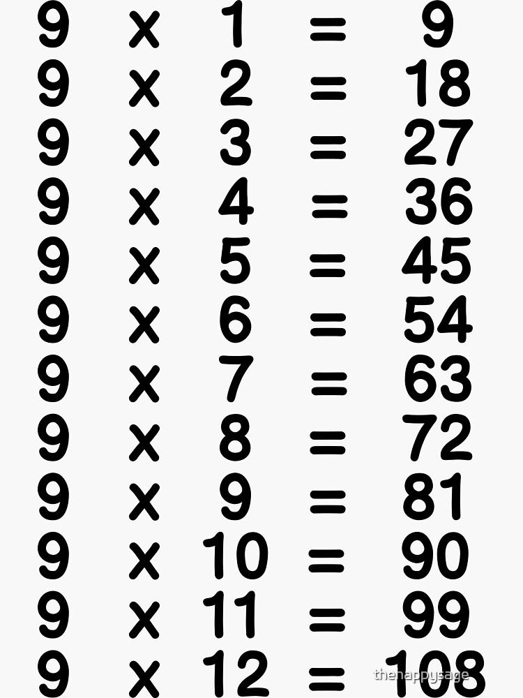 "9 X Table Nine Times Table Learn Multiplication Tables for Kids" Sticker for Sale by