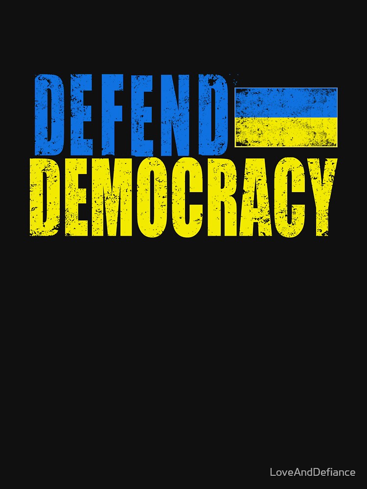 Thumbnail 7 of 7, Essential T-Shirt, DEFEND DEMOCRACY with UKRAINIAN FLAG DISTRESSED designed and sold by LoveAndDefiance.