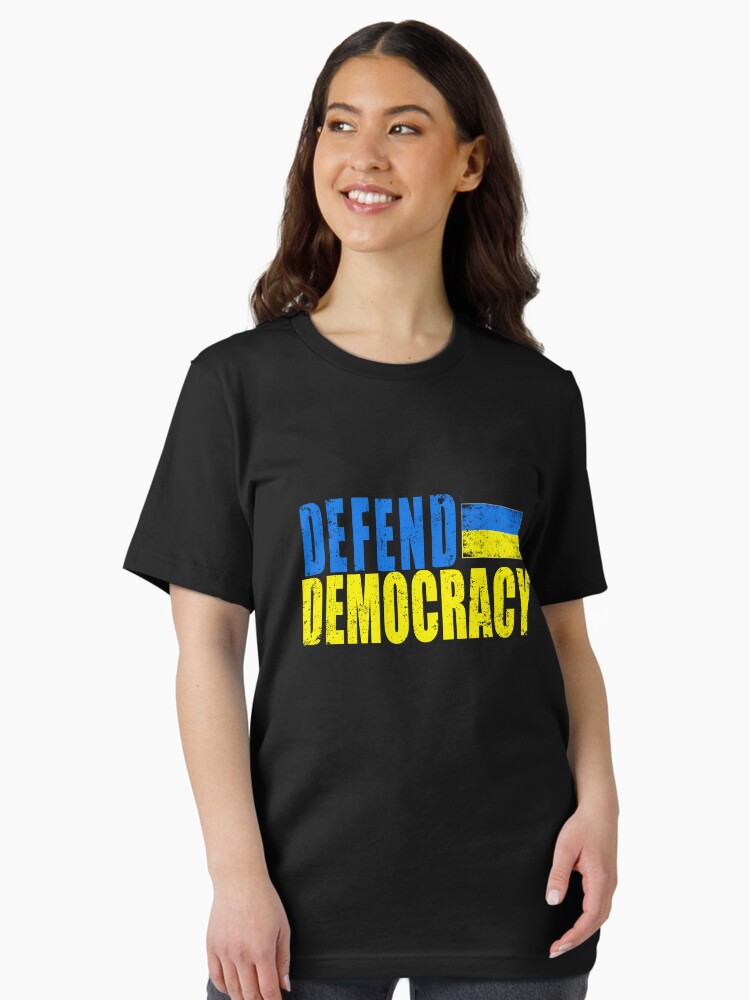 Thumbnail 2 of 7, Essential T-Shirt, DEFEND DEMOCRACY with UKRAINIAN FLAG DISTRESSED designed and sold by LoveAndDefiance.